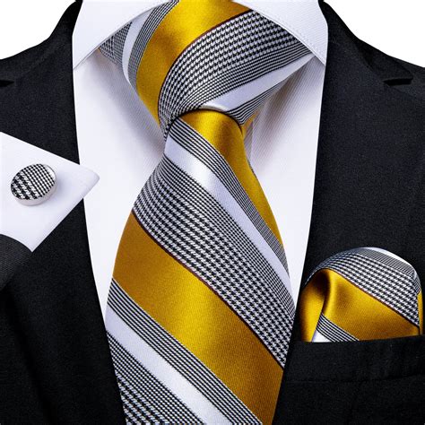 New Grey Yellow Striped Tie Pocket Square Cufflinks Set Ties2you