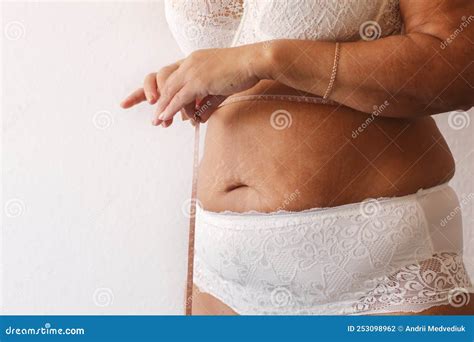 Cropped Photo Of Naked Overweight Woman Belly In Underwear Trying To