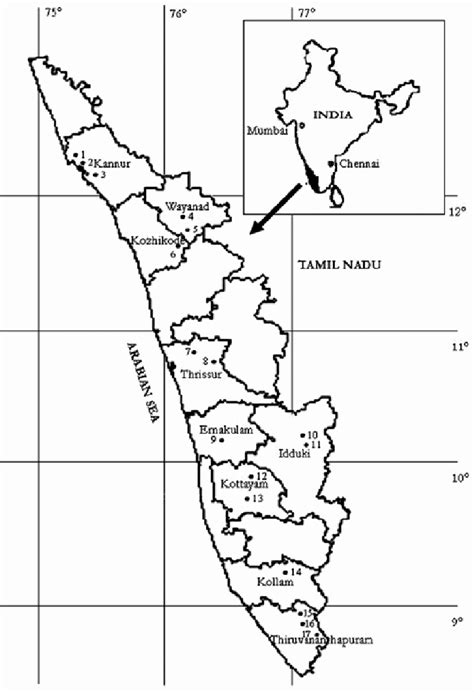 Banks, hotels, bars, coffee and restaurants, gas stations, cinemas. Map of Kerala state with relevant districts and place of collection of... | Download Scientific ...