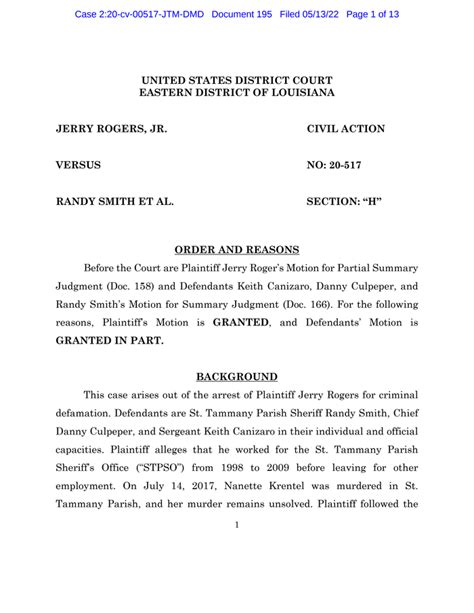 R Doc 195 Order Granting Jerry Rogers Motion For Summary Judgment