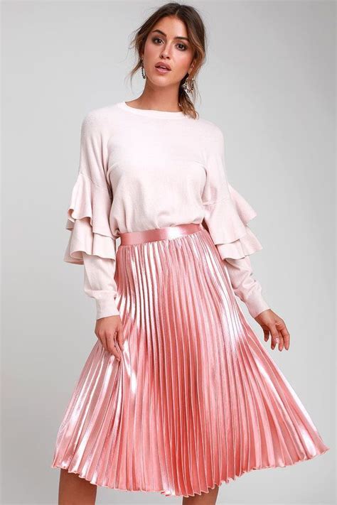 Pretty Pleats Blush Pink Metallic Pleated Midi Skirt Petite Looloo