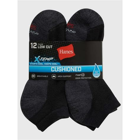 Hanes Mens X Temp Cushioned Arch And Vent Low Cut Socks Pack Of 12 Pairs Black