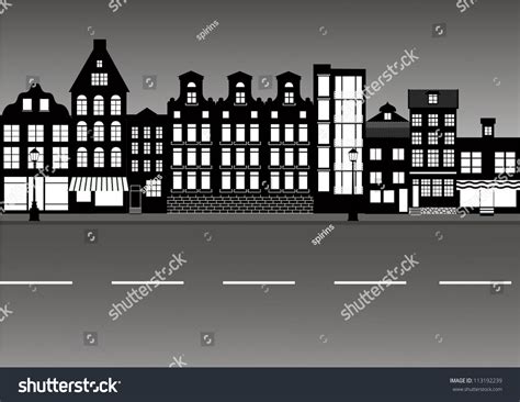 Quiet European City Street In Black And White Vector Illustration