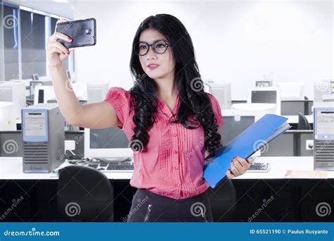 Female Worker Taking Selfie In Office Stock Photo Image Of Mobile