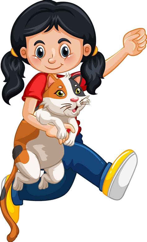 A Girl Holding Cute Cat Cartoon Character Isolated On White Background
