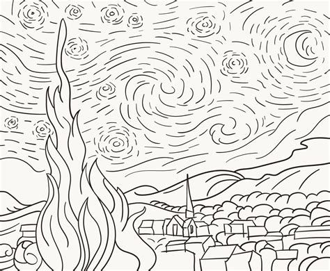 The Starry Night 1889 By Vincent Van Gogh Adult Coloring Page 1218623