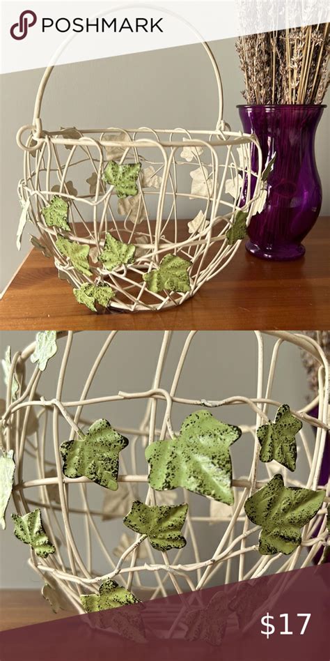 Leaf Adorned Wire Basket Ivory Wiring And Handle Distressed Sage