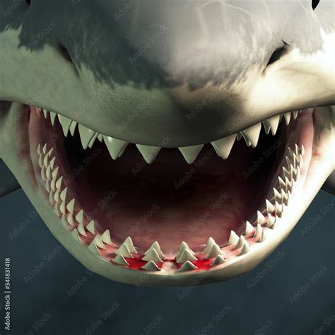 A Close Up Of A Great White Shark S Open Mouth Showing Rows Of Sharp