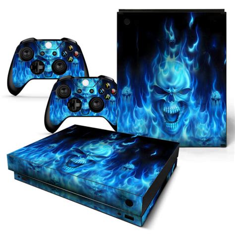 Xbox One X Skin Console And 2 Controllers Blue Flame Skull Decal Vinyl