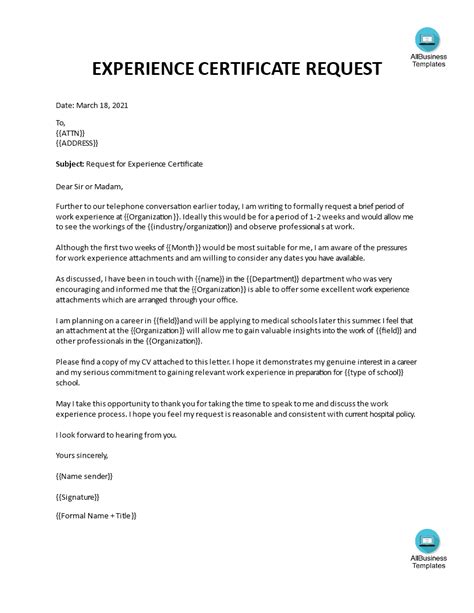 Sample Work Experience Letter Allbusinesstemplates Com