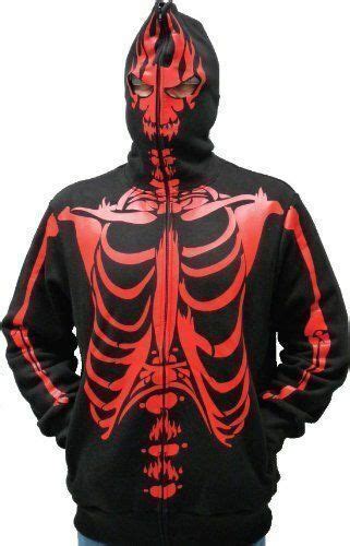 Zip Up Red Skeleton Print Adult Black Hooded Sweatshirt Hoodie Costume