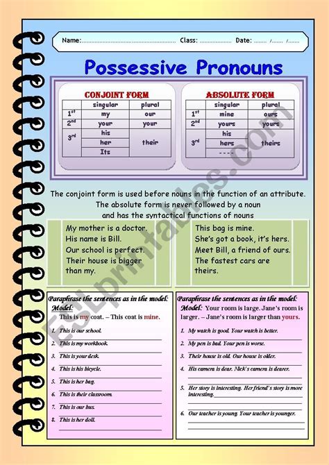 Possessive Pronouns Esl Worksheet By Grenader