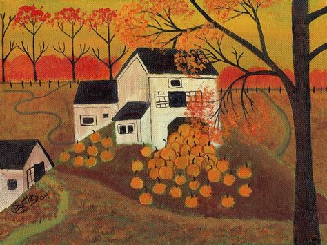 Pumpkin Barn Autumn Folk Art Cheryl Bartley Fall Country Farm Painting