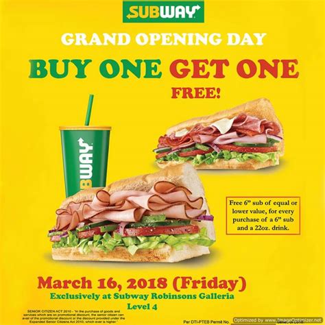 Buy One Get One Free At Subway Robinsons Galleria Grand Opening March