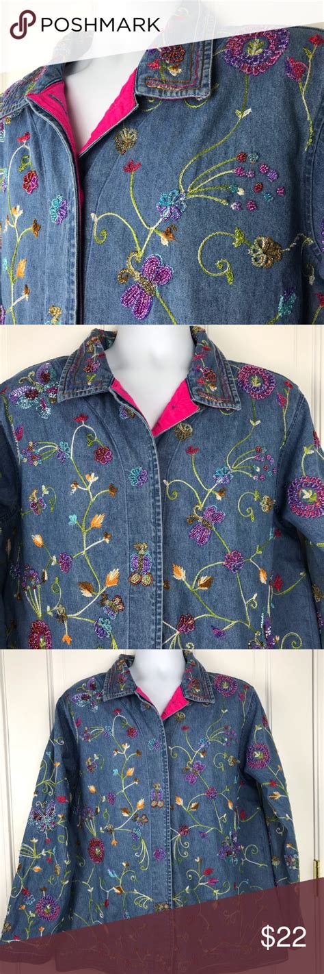 Quacker Factory Denim Jacket Beads Butterflies L Beads And Embroidery