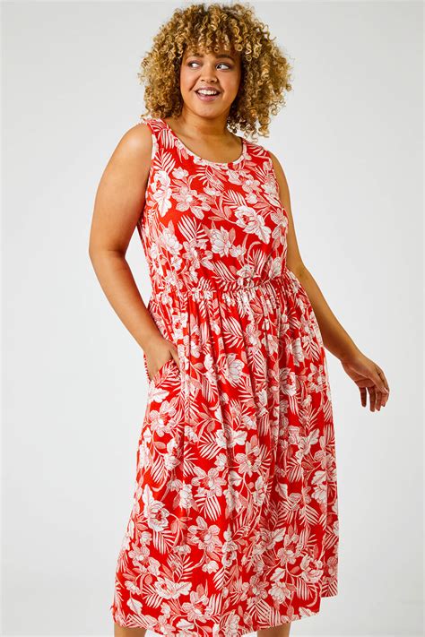 Curve Tropical Floral Print Maxi Dress In Red Roman Originals Uk