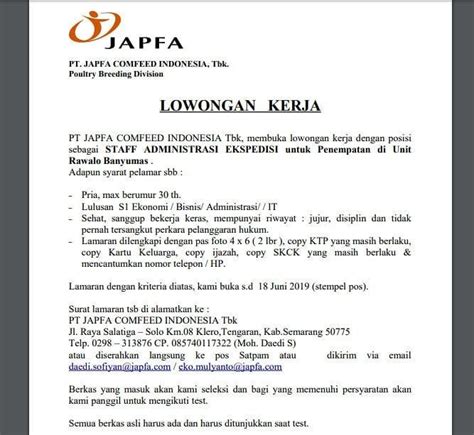 Lowongan Kerja Staff Administrasi Ekspedisi Pt Japfa Comfeed Indonesia
