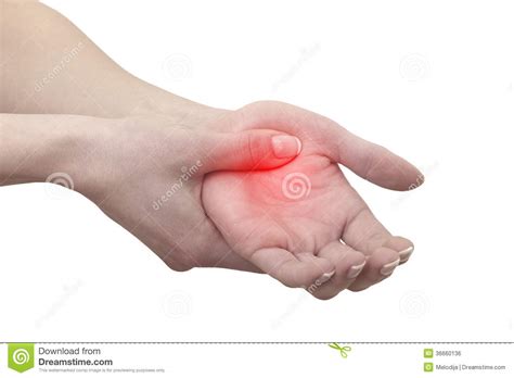 Acute Pain In A Man Palm Female Holding Hand To Spot Of Palm Ache