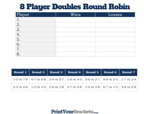 Printable 8 Player Switch Doubles Round Robin Tournament Pickleball