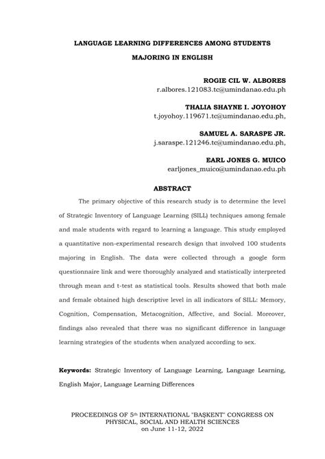 Pdf Language Learning Differences Among Students Majoring In English