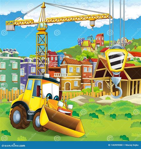 Cartoon Scene Of Construction Site With Excavator Digger For Different