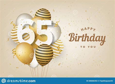 Happy 65th Birthday With Gold Balloons Greeting Card Background Stock