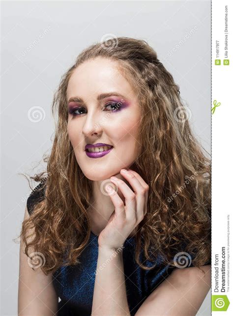 Portrait Of Beautiful Smiling Girl With Bright Makeup Her Curly Hair Close Up Happiness