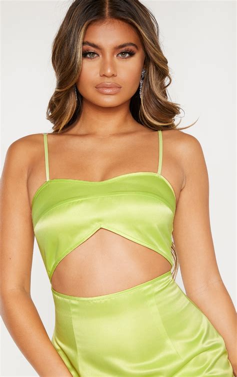 Lime Satin Cut Out Midi Dress Dresses Prettylittlething Usa