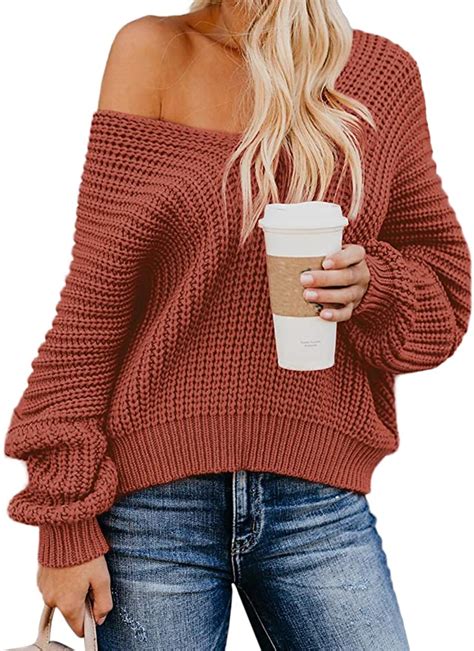 Zkess Womens Off Shoulder V Neck Knit Sweater Solid Pullover Jumper Tops Oversize Knitted