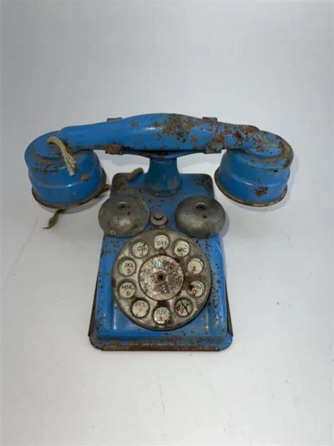 Vintage 1940s 1950s Blue Tin Toy Telephone Voice Phone Gong Bell