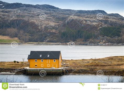 Norwegian Village With Yellow House On Coast Stock Image Image Of