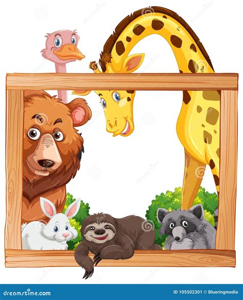 Wooden Frame With Wild Animals Stock Vector Illustration Of Banner