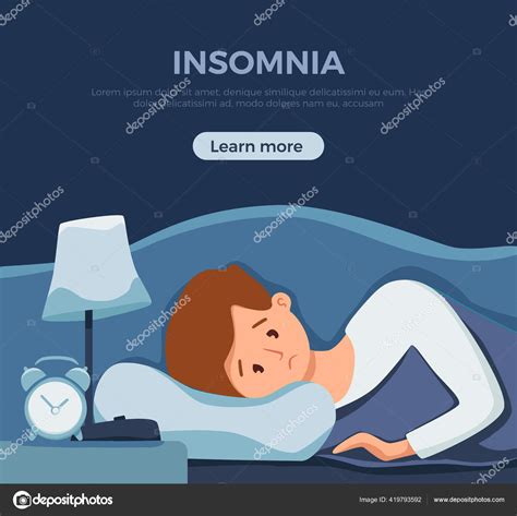 Sleepy Awake Man In Bed Suffers From Insomnia Vector Illustration Of