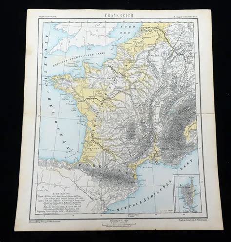 ANTICA MAPPA DELLA Francia Geografia Fisica Francese Pirenei Alpi