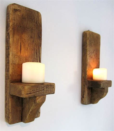 Pair Of 39cm Rustic Solid Wood Handmade Shabby Chic Wall Sconce Candle Holder In Home Furniture