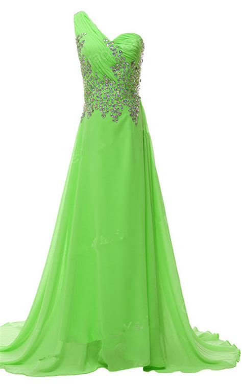Beading Crystal Sequined Pleated Green Floor Length Chiffon One