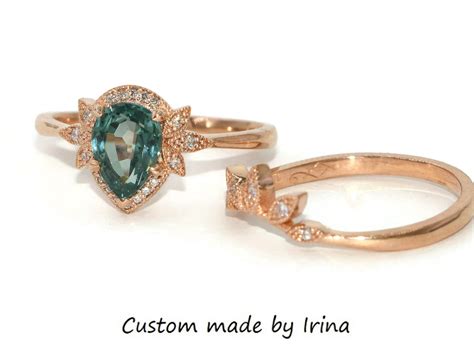 Pear Teal Sapphire Engagement Rings Set Custom Made Vintage Etsy