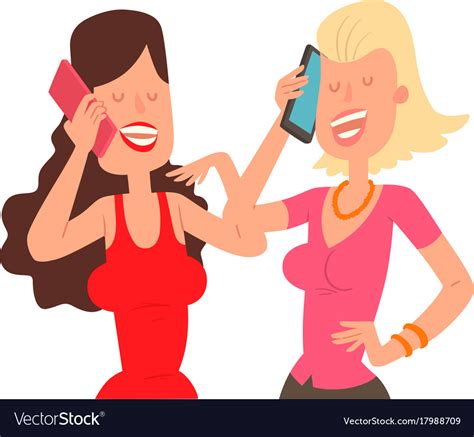 Two Girl Friends Character Talking His Cell Phone Vector Image