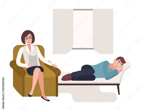 man lying down on couch and female psychologist psychoanalyst or psychotherapist sitting in
