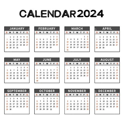 Calendario 2024 Estilo Simple En Blanco Y Negro Vector PNG Dibujos