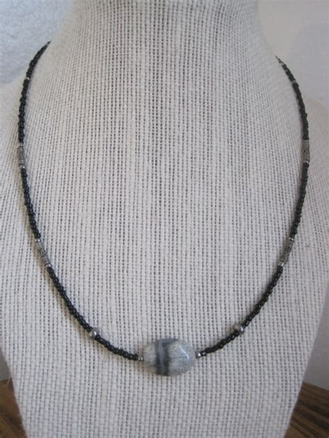 Silver Leaf Jasper Stone Antique Silver Black Beaded Necklace