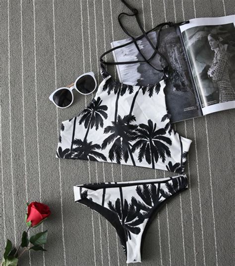 Summer Womens Palm Tree Bikinis Set Women Padded Crop Top Push Up