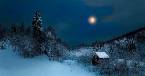 Hd Wallpaper Cottage Forest Hill Mist Nature Moon Winter Landscape
