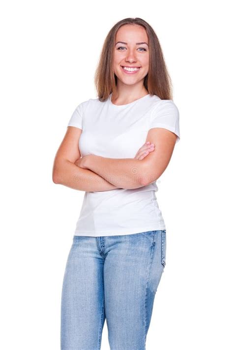 Woman With Folded Hands Posing Stock Image Image Of Shirt Isolated