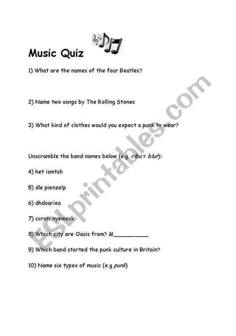 English Worksheets Music Quiz