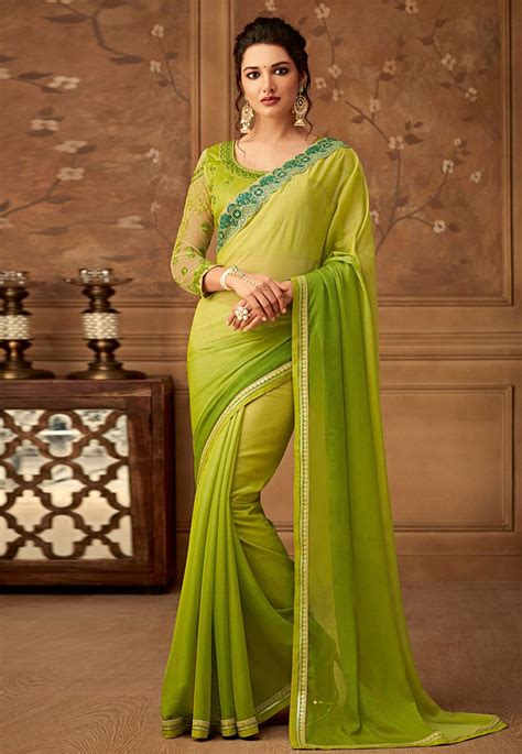 Green Chiffon Embroidered Festival Wear Saree 507 Chiffon Saree Trendy Sarees