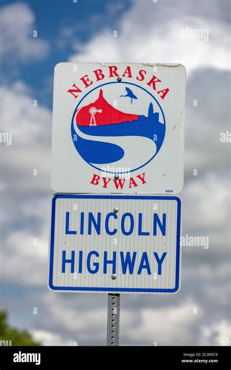Road Sign Lincoln Highway Nebraska Byway Nebraska Usa Stock Photo