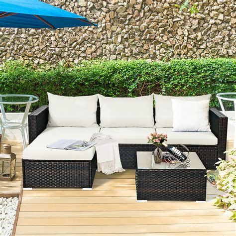 Costway 5 Piece Patio Furniture Set Rattan Wicker Table Shelf Garden Sofa With Beige Cushions