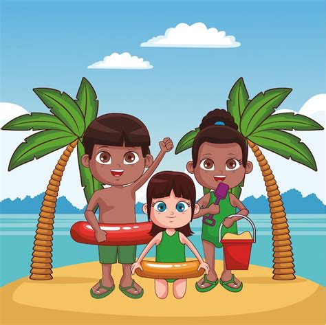 Premium Vector Cute Kids Having Fun At Beach Cartoons Vector