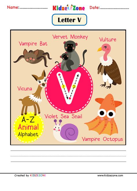 Kindergarten Letter V Animal Picture Cards Worksheet